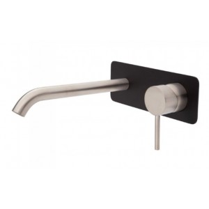 Kaya Wall Basin/Bath Mixer Set, Brushed Nickel, Matte Black Square Plate, 200mm Outlet
